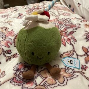Jellycat Green Coconut Plush with Pink Flower